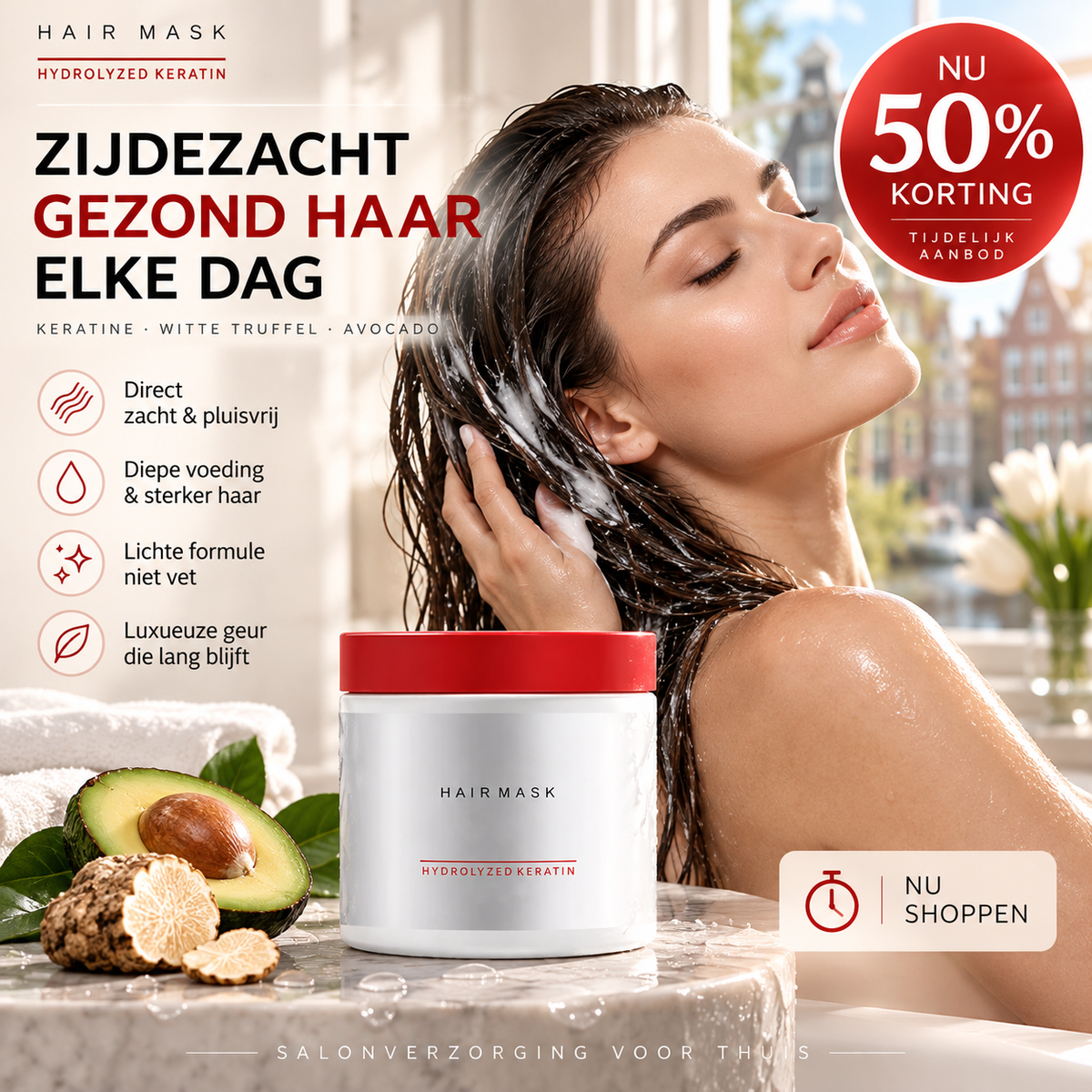💆‍♀️ 50% korting! Verzachtend haarmasker – keratine, witte truffel & avocado-olie. Onmiddellijke zachtheid, diepe voeding & luxe langdurige geur! ✨🌸
