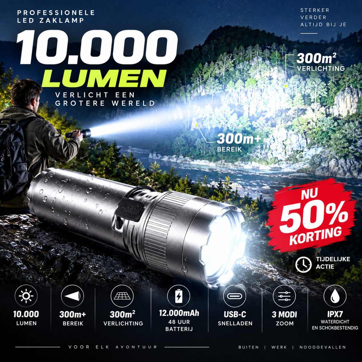 🔦 50% korting! Oplaadbare superheldere LED-zaklamp – 10.000 lumen, 48 uur gebruiksduur & USB-C snelladen. Waterdicht & onbreekbaar! ✨⚡