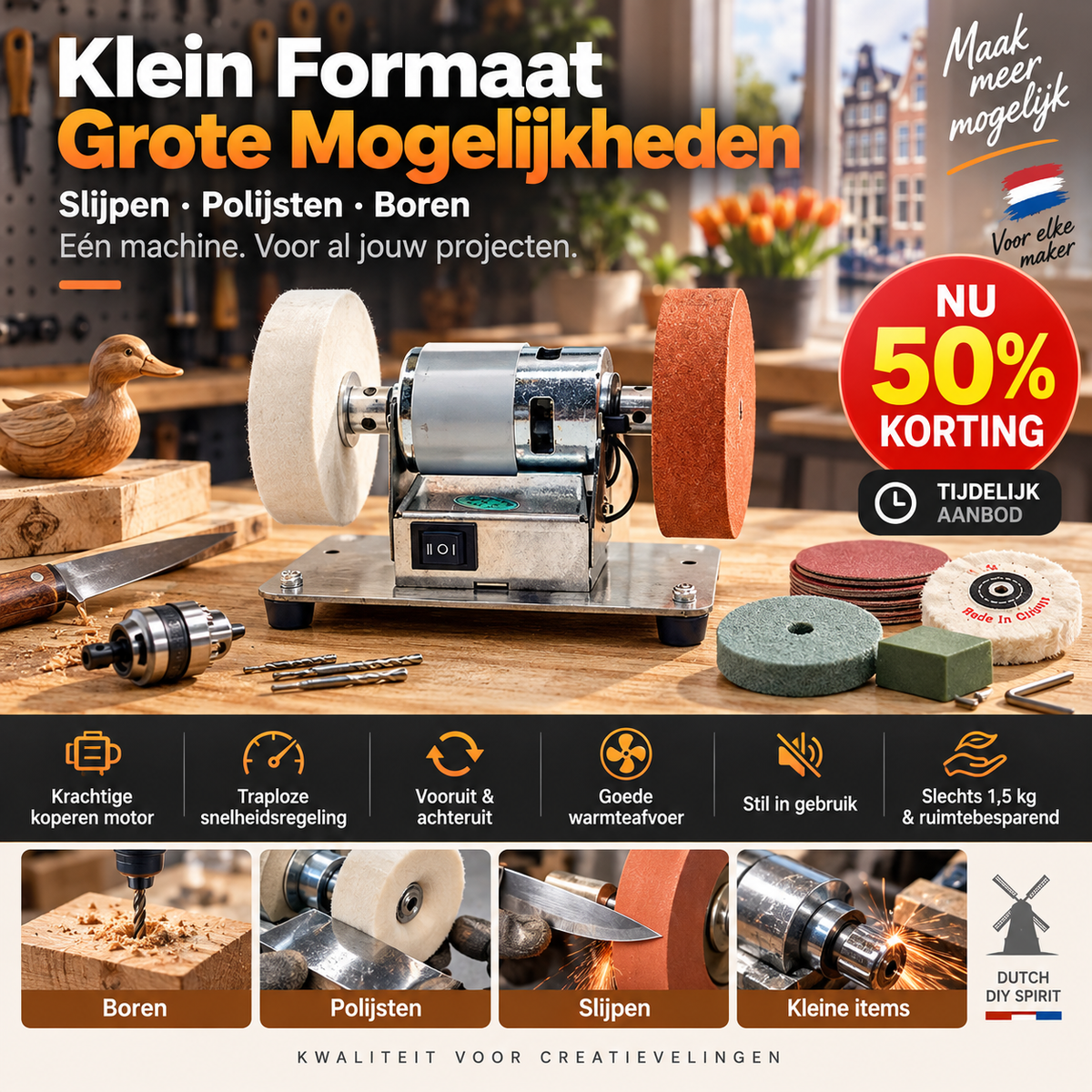 🔧 50% korting! Multifunctionele schuurmachine – schuren, polijsten & boren in 1. Krachtige 100W motor & regelbare snelheid – voor elke DIY-klus! ✨💪