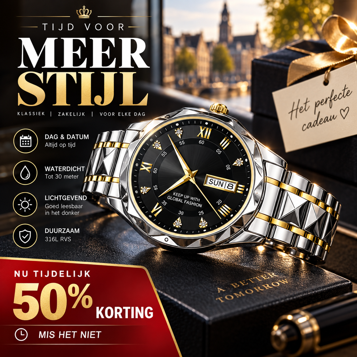 ⌚ 50% korting! Luxe herenhorloge – dag-datum weergave, lichtgevend & waterdicht tot 30m. Japans uurwerk & 316L roestvrij staal. Perfect cadeau! ✨🎁