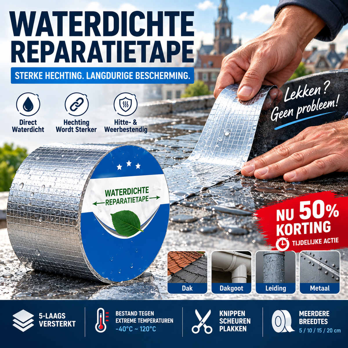 🔧 50% korting! Universele waterdichte reparatietape – butylrubber, 5-lagen constructie & weerbestendig. Dicht lekkages bij dak, leiding & metaal – direct klaar! ✨💧