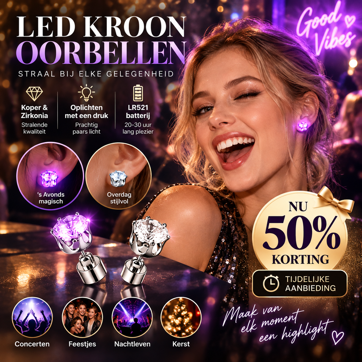 👑 50% korting! LED kroonoorbellen – koper met zirkonia, dag & nacht draagbaar, 7 lichtkleuren & 20-30 uur gebruik. Perfect voor feesten & concerts! ✨💜