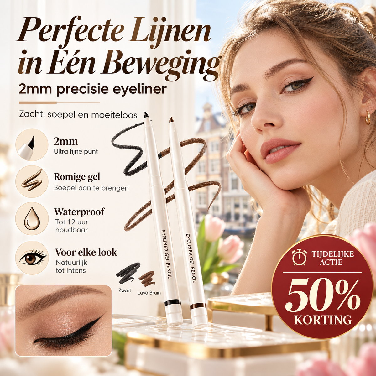 👁️ 50% korting! Gel eyelinerpotlood – fijne 2 mm punt, romige textuur, water- & zweetbestendig tot 12 uur. Zwart of bruin – van subtiel tot cat-eye! ✨🖊️