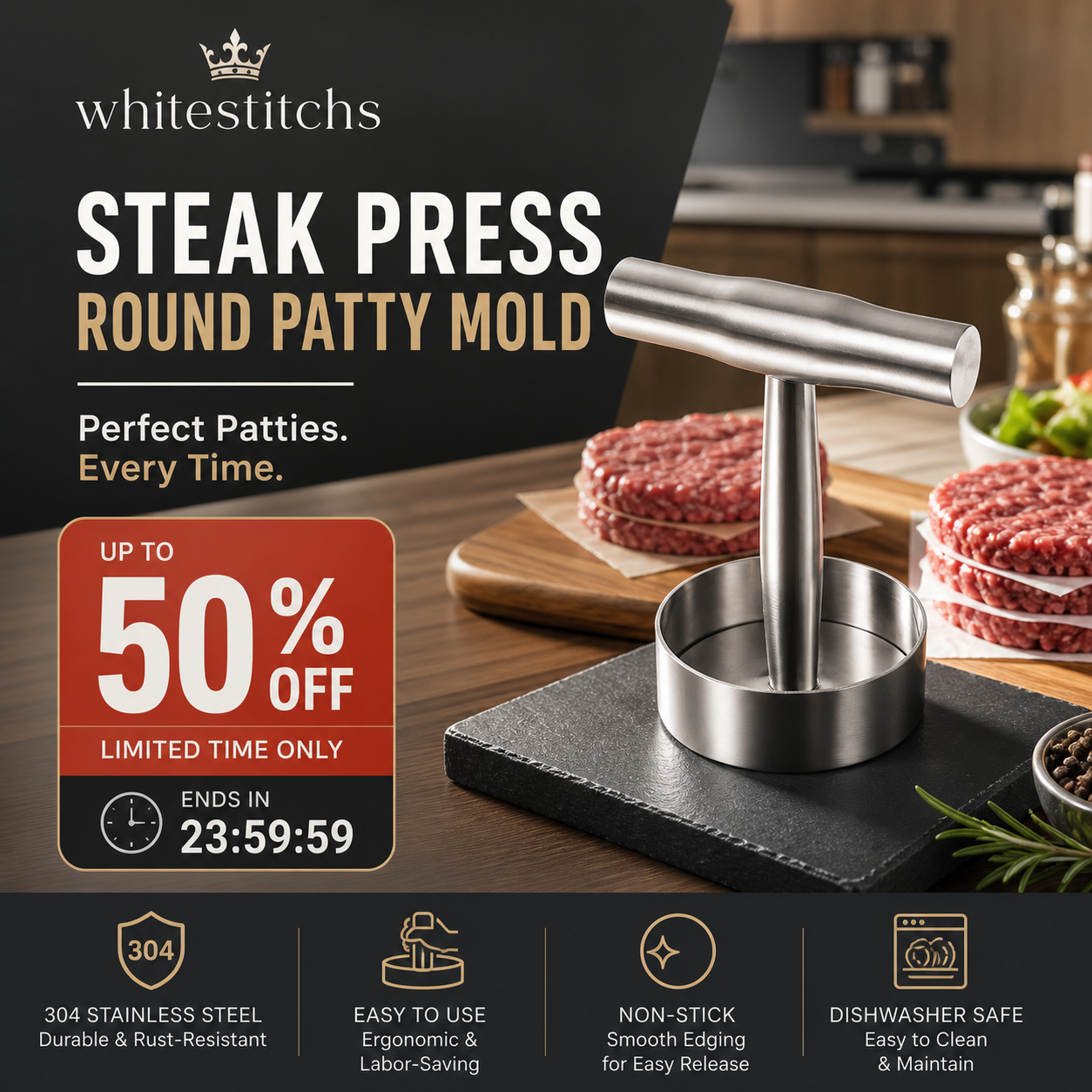 🥩🔪 Steakpers ronde burgervorm | 304 RVS, antiaanbak | Eén druk, perfecte patty | Vaatwasserbestendig | 13,2x17,5x9 cm, 364 g | 50% KORTING!
