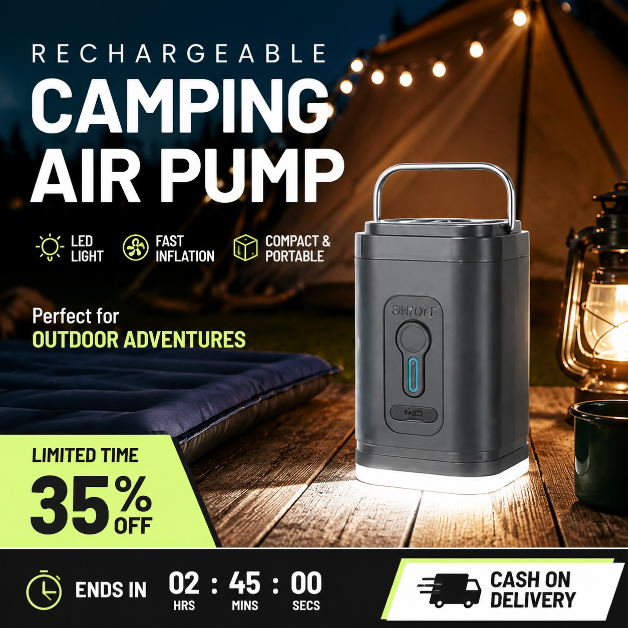 🏕️ Oplaadbare camping luchtpomp – LED-verlichting, snel oppompen, compact – Levering achteraf betalen 🔋