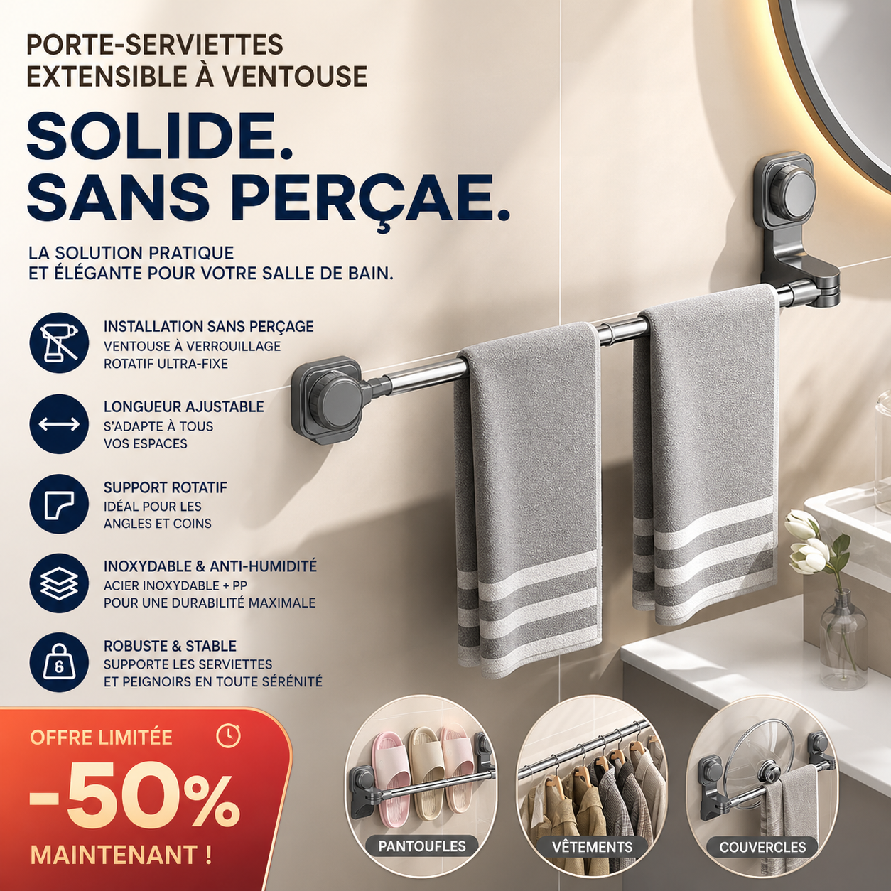 🔥‑50% DE RÉDUCTION🚿 Porte‑serviettes à ventouse réglable sans perçage, fixation forte, facile à poser et à déplacer dans la maison ✨
