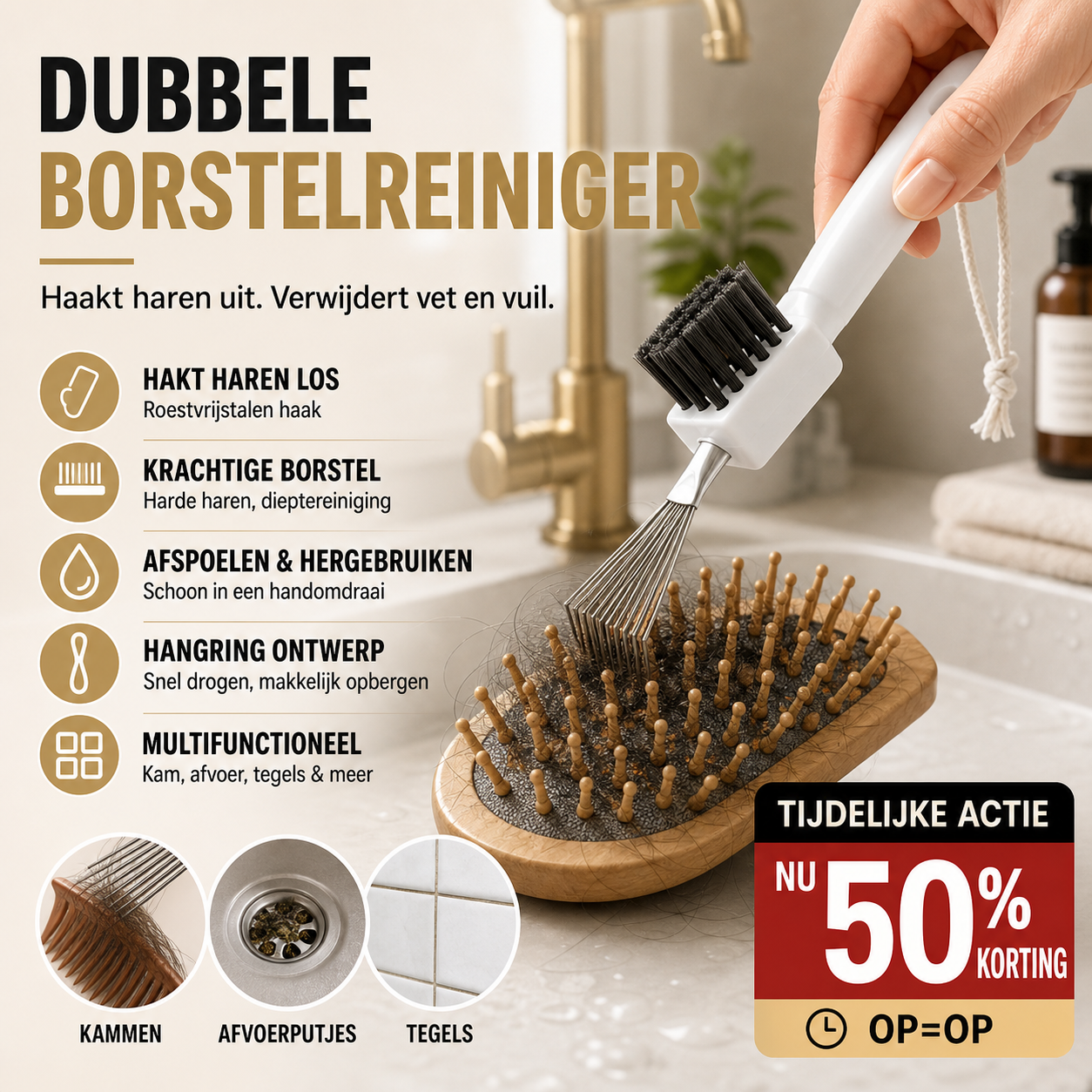 ☀️ 50% korting!2-in-1 haarborstelreiniger, multifunctionele kamreiniger voor het verwijderen van haar, met roestvrijstalen prikker en stevige borstel.