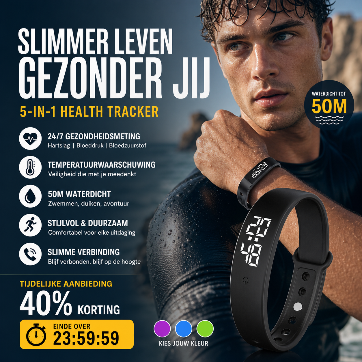 ⌚ 50% korting! Slimme sensorarmband – hartslag, slaap en stappen, waterdicht en draadloos