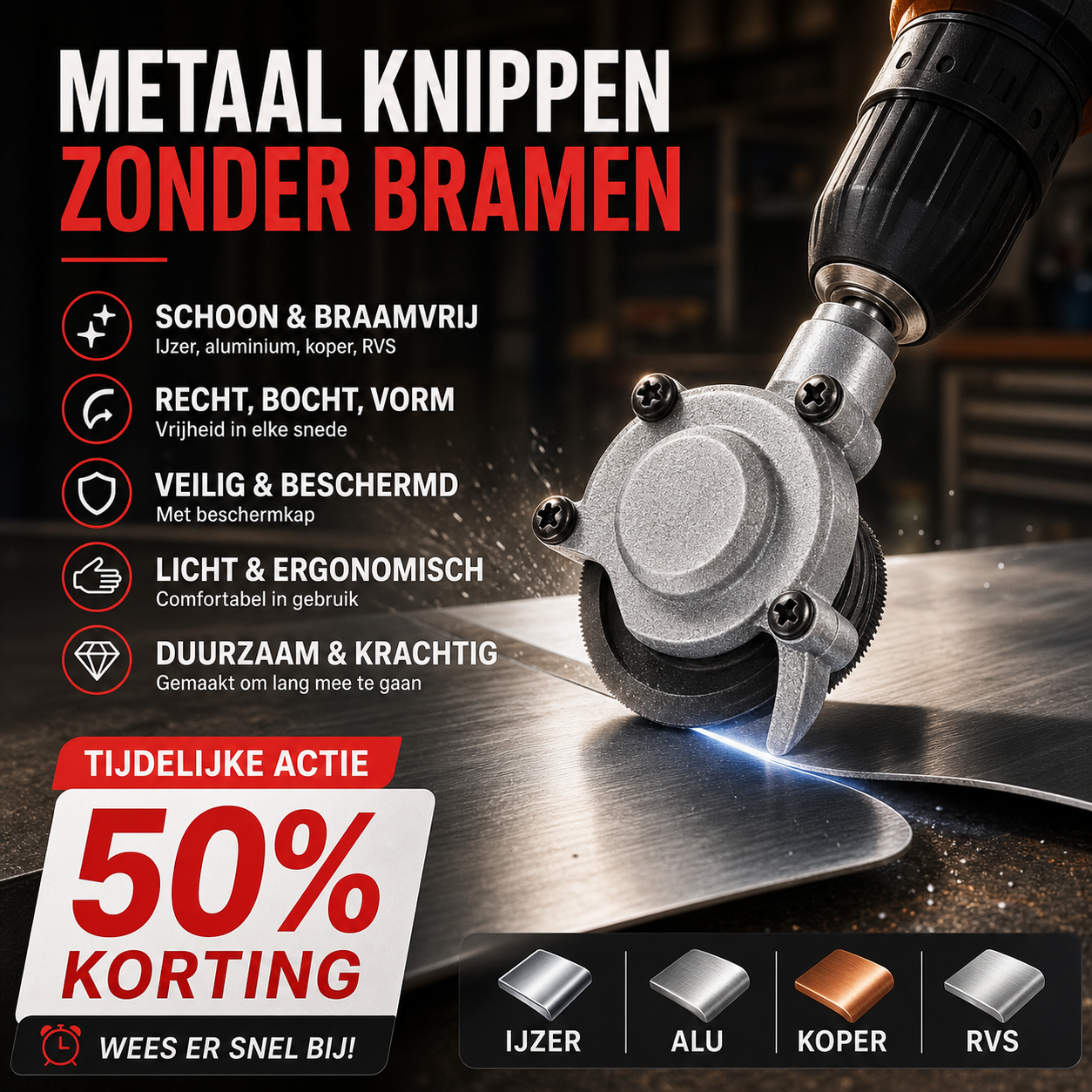 ⚡ 50% korting! Metaalsnijder voor boor – snijdt plaatstaal, koper en aluminium, perfect voor thuis of werkplaats.