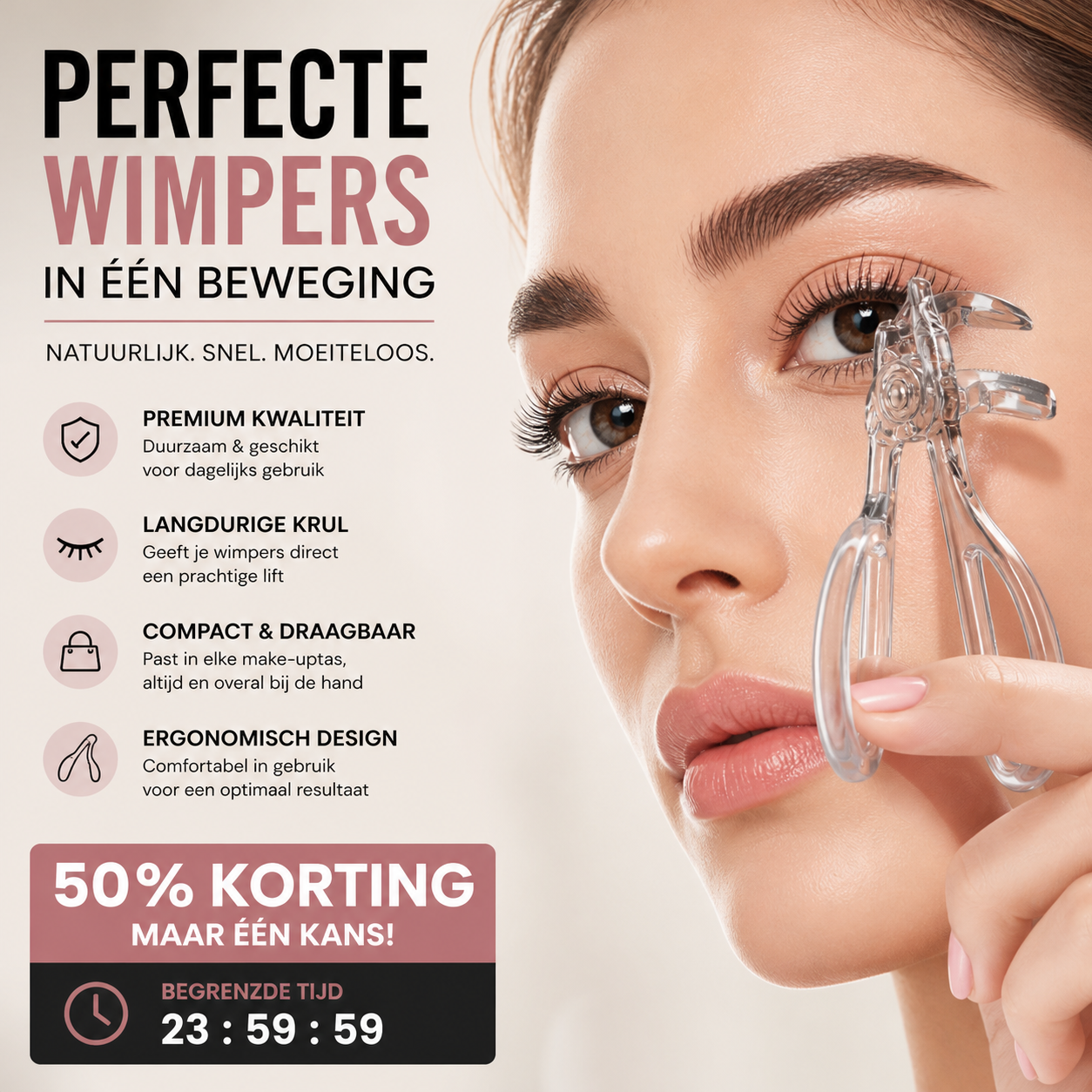 👁️ 50% korting op ergonomische wimperkruller – brede hoek, krult alle wimpers in 1 keer, natuurlijk en langdurig.