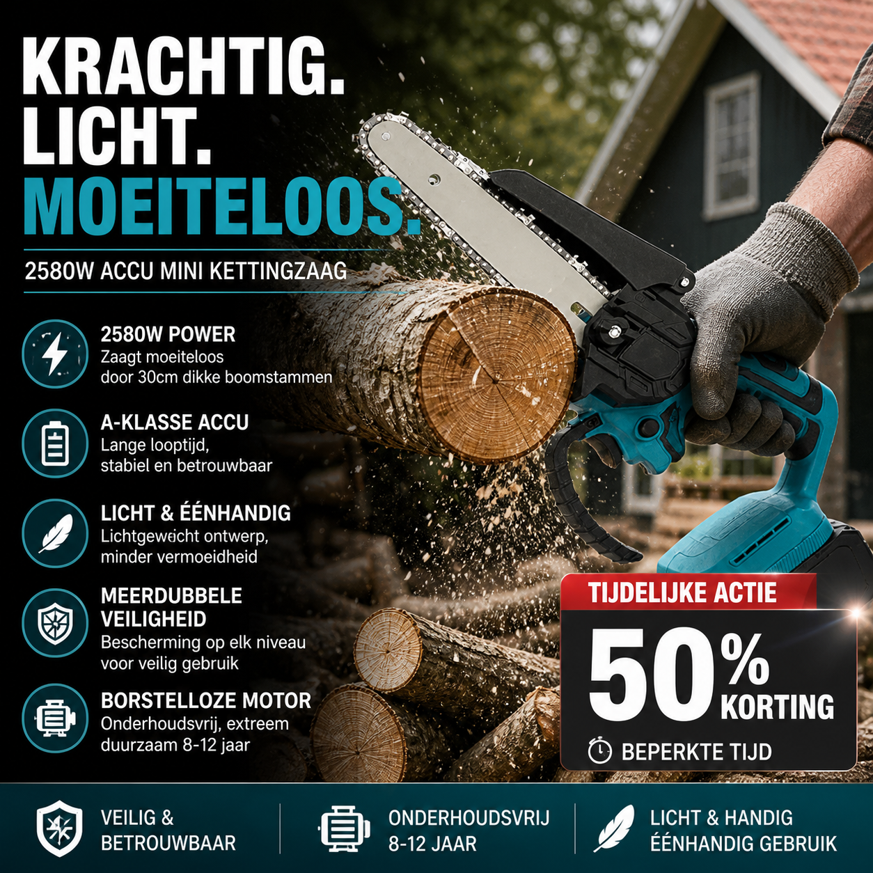⏰ 50% korting op draadloze minikettingzaag – 15 cm, met 2 accu's, lichtgewicht en krachtig voor tuinieren en snoeiwerk.