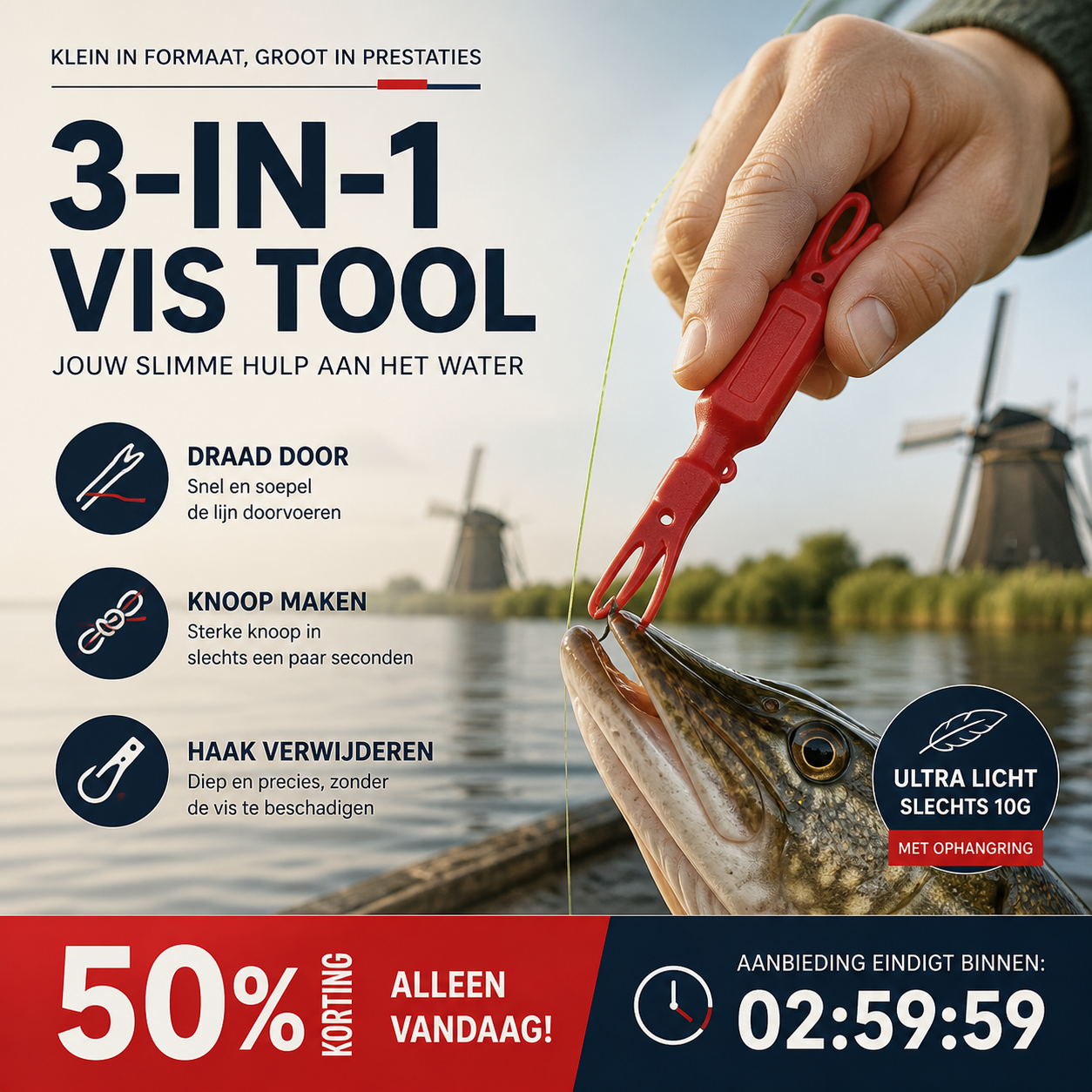 ✨🎣 50% korting! 3-in-1 multitool – 🔪 mes, 🧰 tang & ✂️ knipper in 1 – onmisbaar voor elke visser!