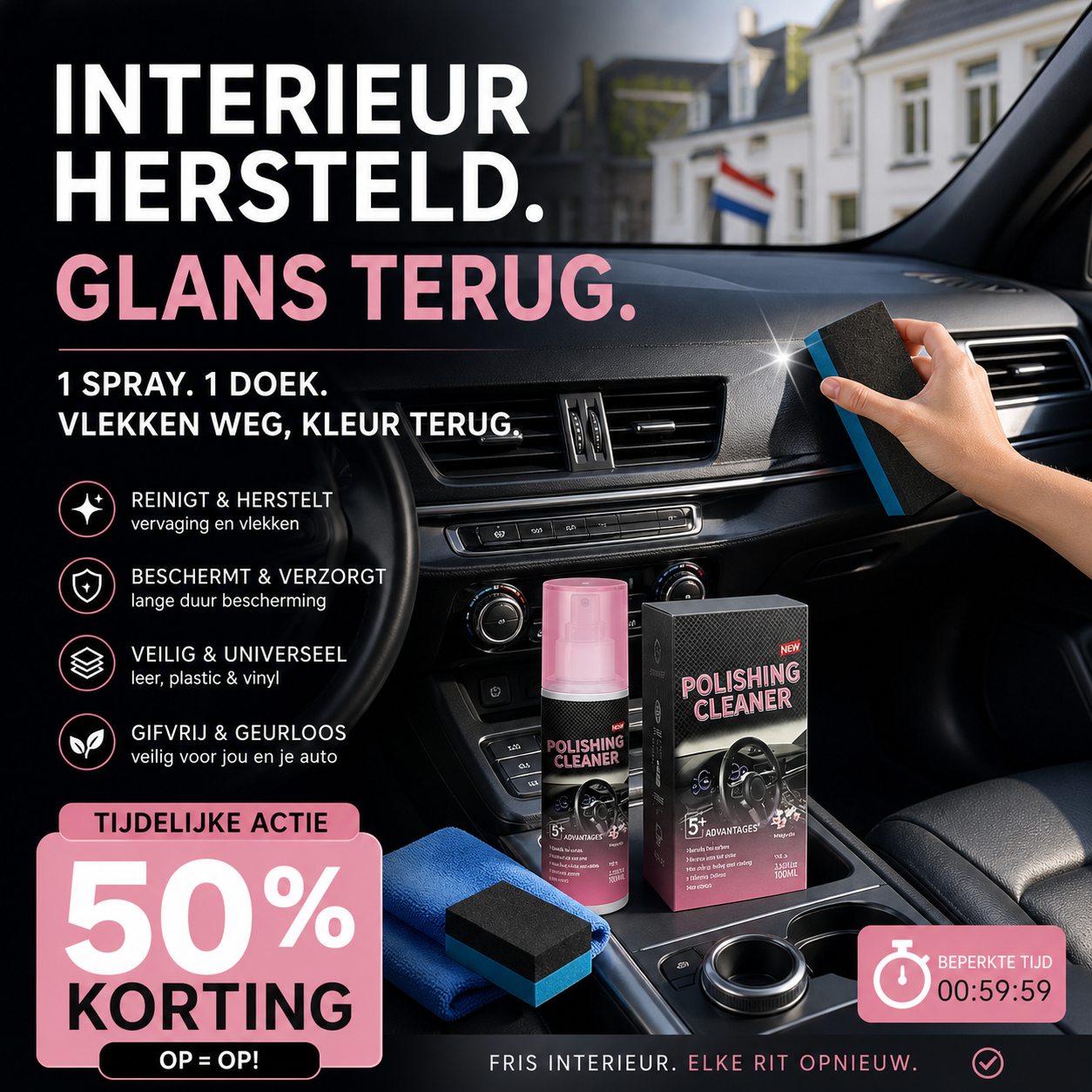 🚗✨ 50% korting! Auto-interieur reiniger – 🧼 verwijdert stof & vuil, 🌿 beschermt tegen UV, 💎 laat dashboard stralen!