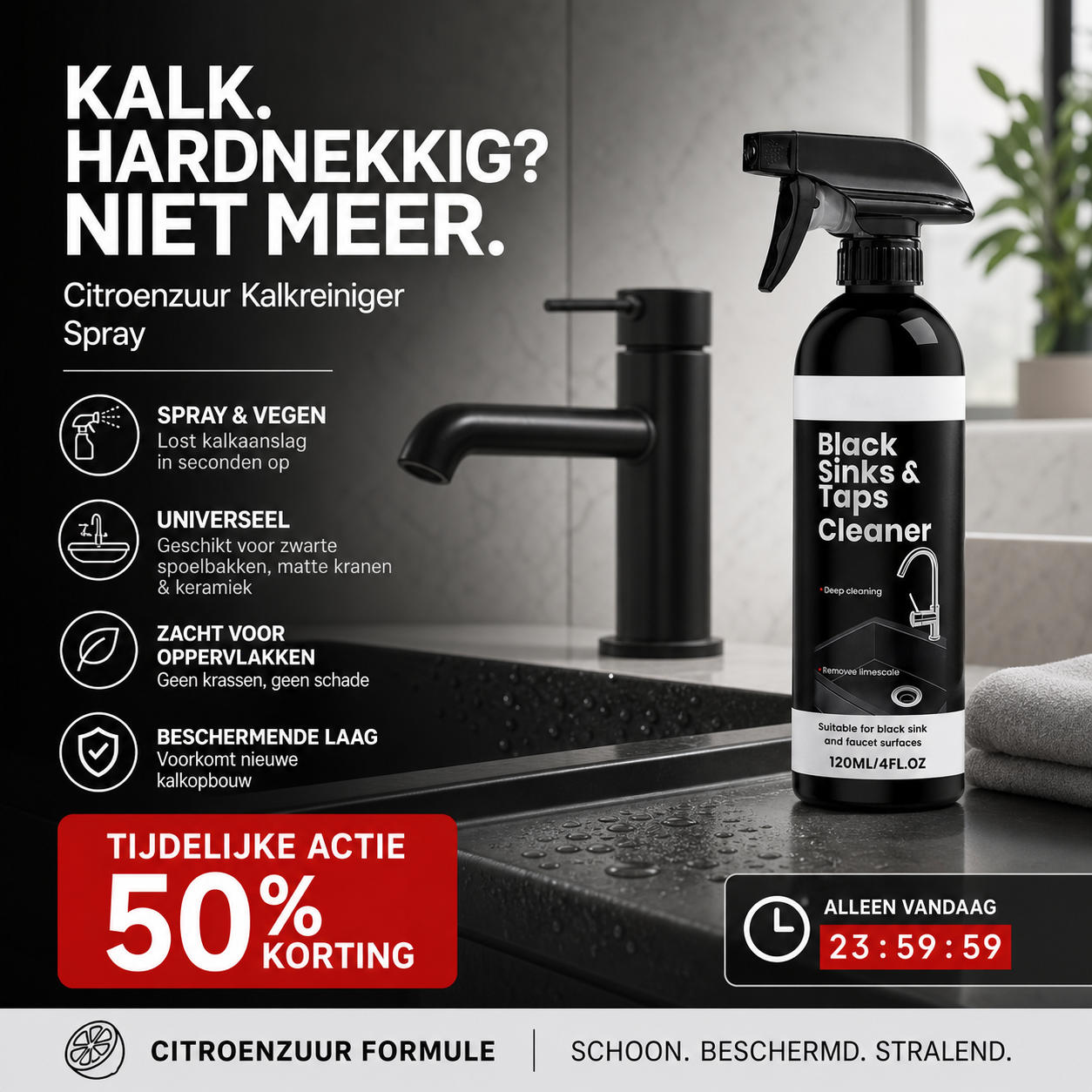 🛁 NU 50% korting! Badkamerreiniger – kalk & watervlekken weg, schrobvrij, voor kranen, wastafels & douche. ✨🧼