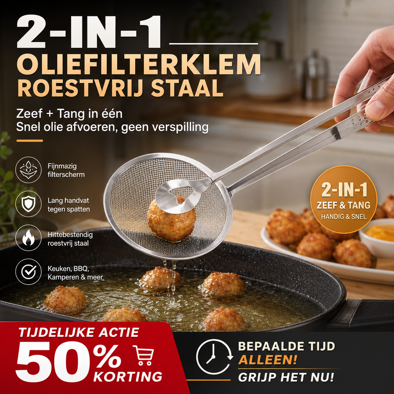 🍳 50% korting! 2-in-1 keukentang – schep & filter in 1. Roestvrij staal, ideaal voor frituren, zeven & opscheppen. 💪✨