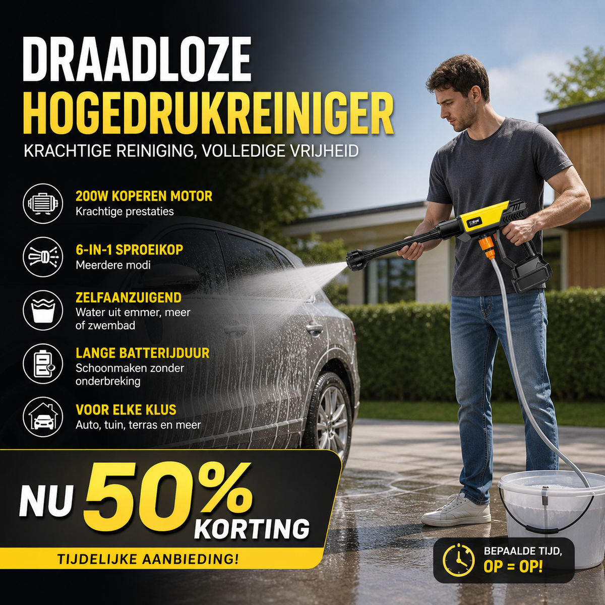 🚗 50% korting! Draadloze hogedrukreiniger – 200W koperen motor, 6-in-1 spuitkop, zelfaanzuigend & lange accu. ⚡💦