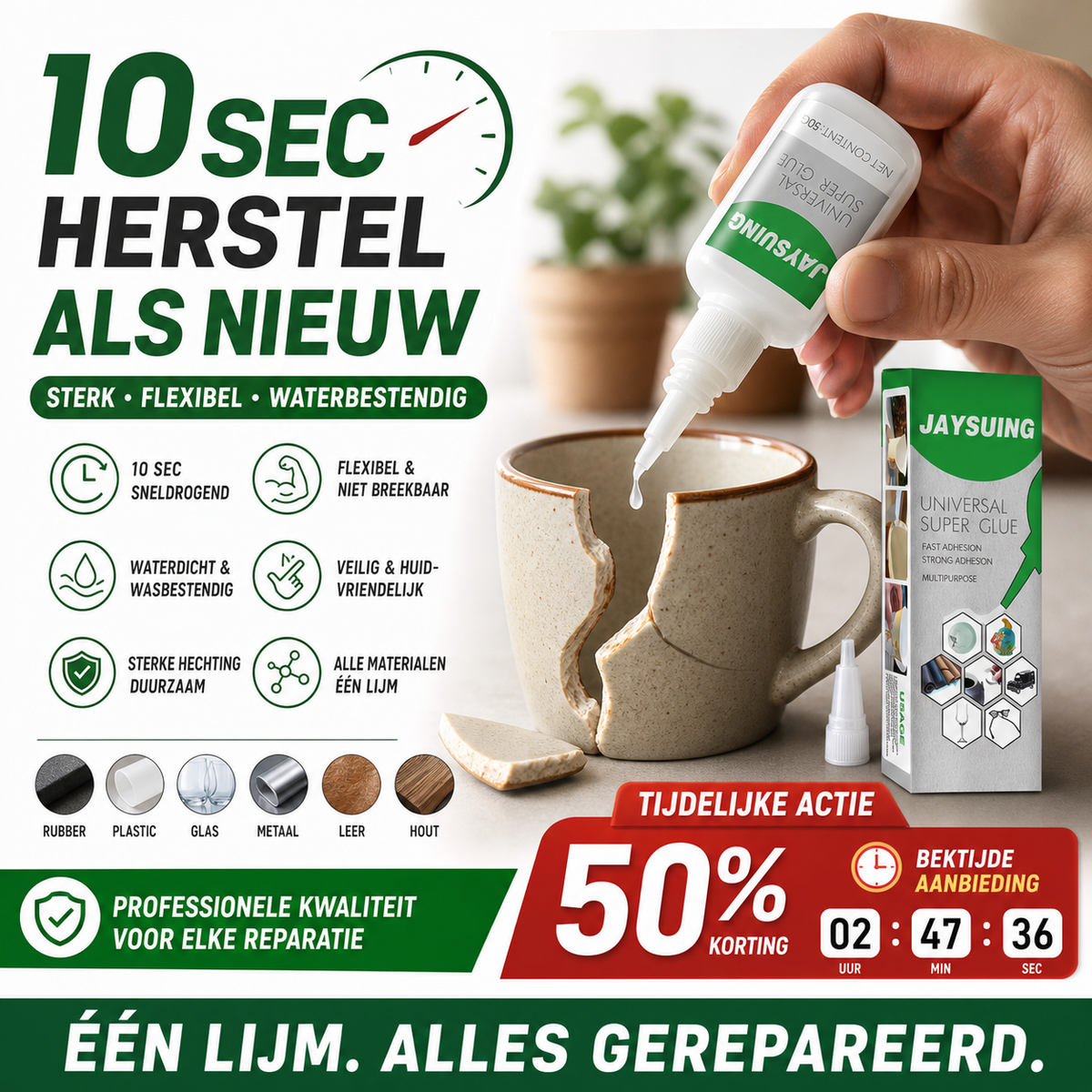 🔥 2 voor 1! Snelhardende lijm – hoge hechtkracht, droogt in 1 min, voor metaal, hout & kunststof. Repareer alles snel! 💪✨